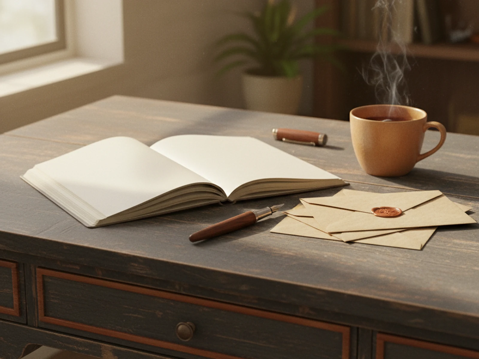 A writing desk with an open notebook, a fountain pen, sealed envelopes, and a cup of tea