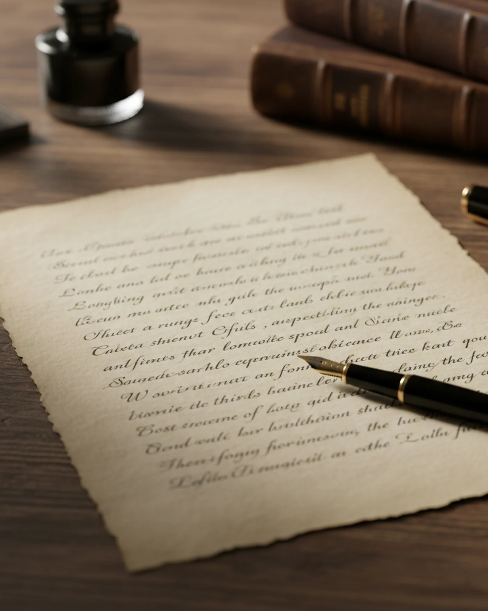 A handwritten-style reading page resting on a wooden desk beside a fountain pen